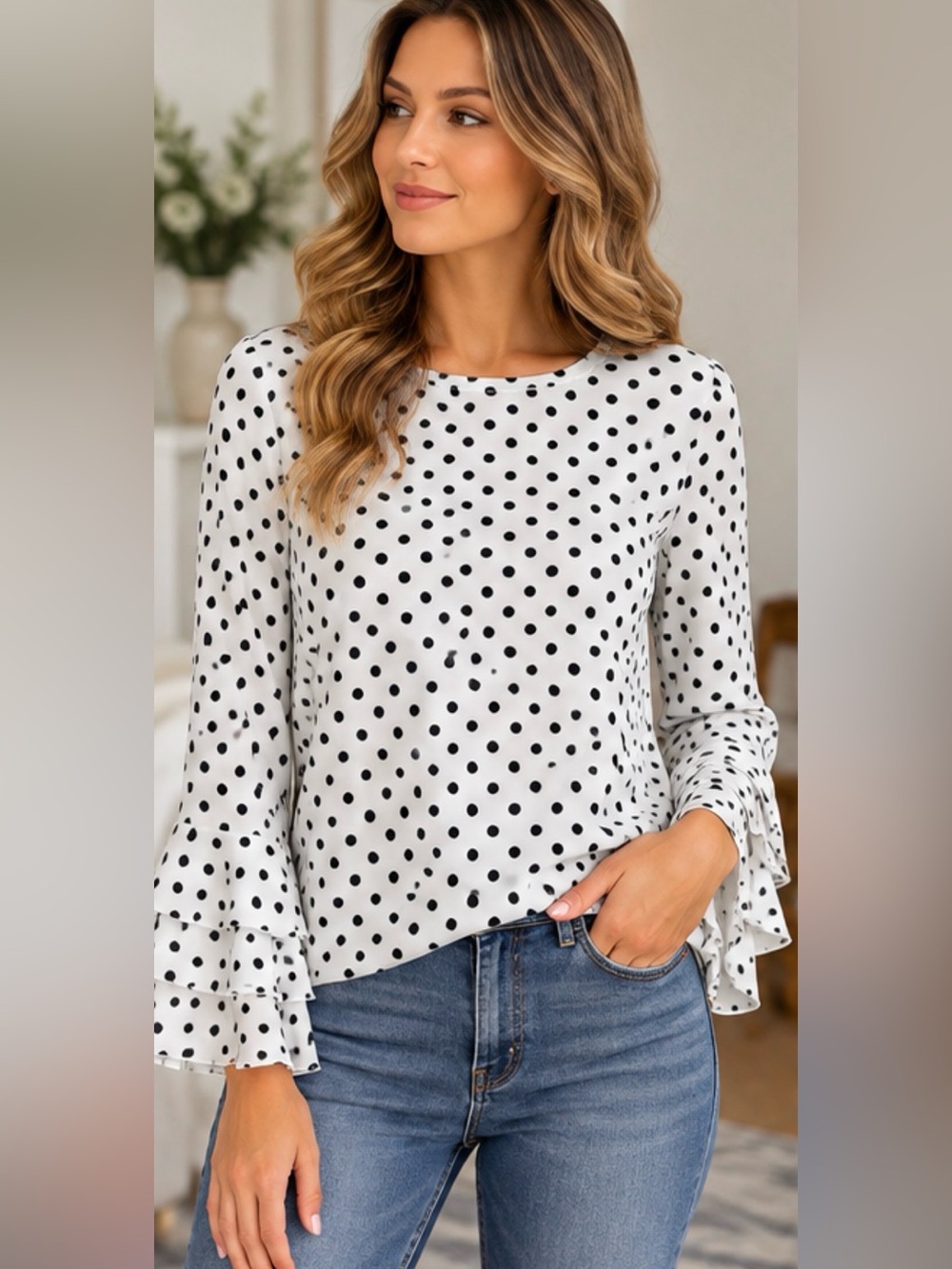 White & Black Polka Dot Ruffle Sleeve Blouse Top – Women’s Medium